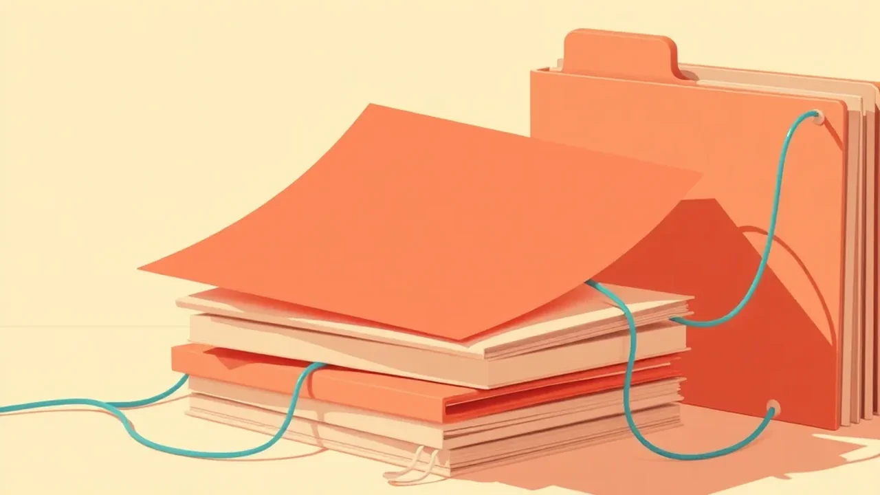 Illustration éditoriale : un document corail aux coins repliés posé sur une pile de feuilles neutres, relié par un fil bleu lagon à une chemise voisine